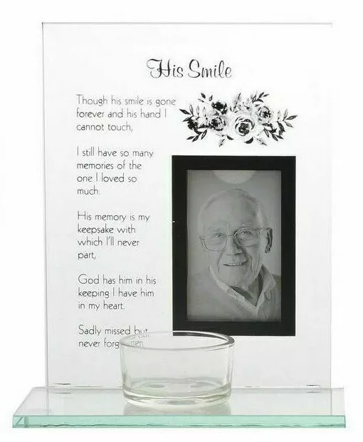 Glass Memorial Photo Frame ~ His Smile ~ Tealight Tea Light Candle Holder