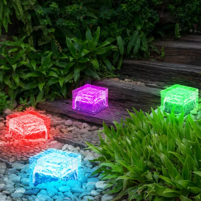 4x Solarlampe Außenleuchte Gartenlampe RGB LED Eiswürfel Design Glas H 5,4 cm 3