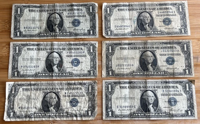 (5) 1935 E  & (1) 1957 B $1 Blue Seal Note Silver Certificates Lot of 6