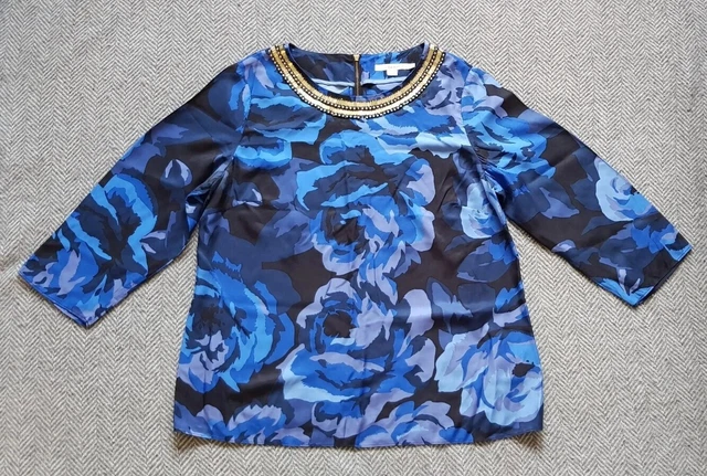 BODEN Electric Blue Beaded Sequin Evening Top Silk Rich Top UK 14
