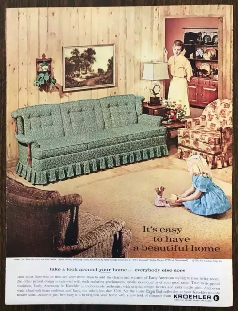 1962 Kroehler Furniture Print Ad Easy to Have a Beautiful Home