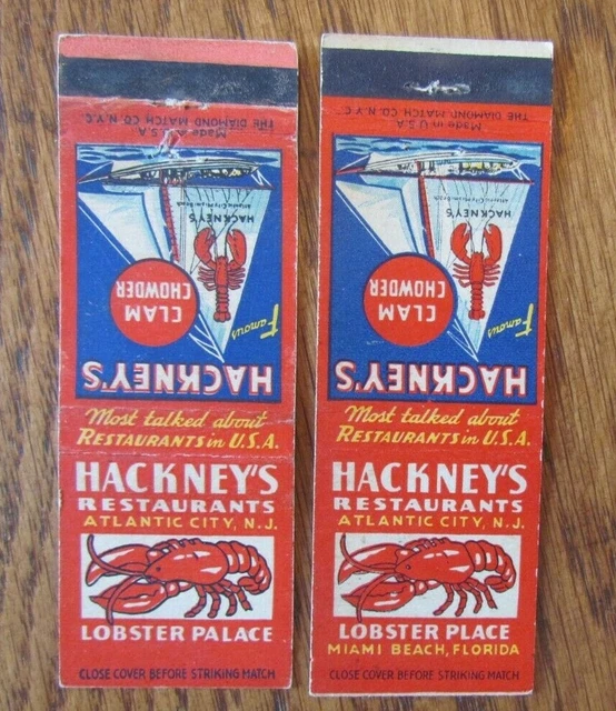 Animal 2 Lobster Matchbooks: Hackney's Restaurant (Atlantic City Miami Beach) F1