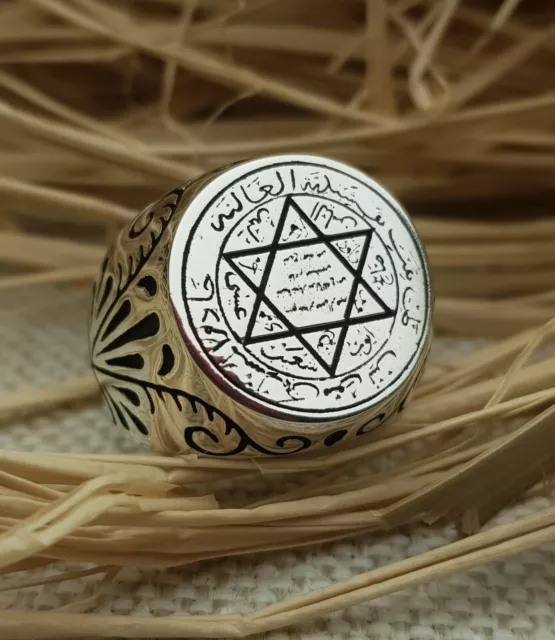 Seal Of Solomon Solid 925 Sterling Silver Men's Ring Islamic Calligraphy Ring