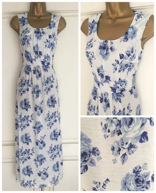 EX MAINE DEBENHAMS White Blue Floral Jersey Maxi Midi Dress 8 18
