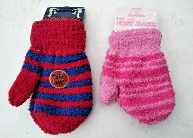 INFANT BABY FLUFFY KNIT MITTENS KNITTED STRIPE BOY RED & BLUE GIRL PINK  0-12 m