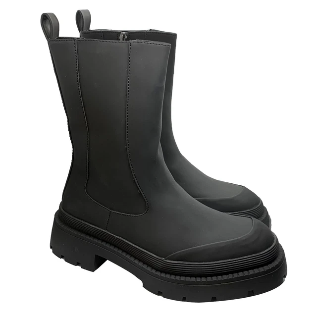 Stivali Anfibi Combat Boots Con Zip Platform Pelle Nero
