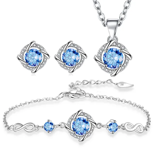 925 Sterling Silver Jewelry Set Blue Crystal Women Bracelet Necklace Earrings