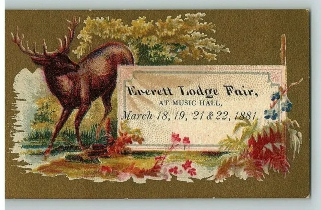 1881 Everett Lodge Fair At Music Hall Victorian Calling Card Elk March Floral