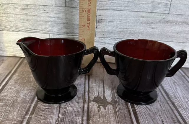 Vintage Anchor Hocking Royal Ruby Red Glass Footed Sugar and Creamer Set