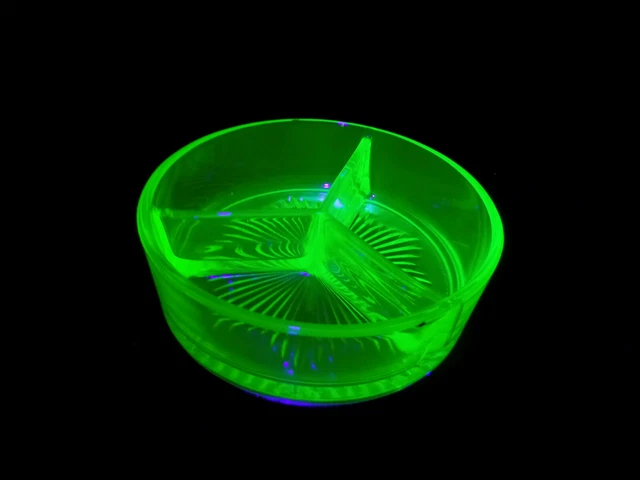 Vintage Anchor Hocking Vaseline Depression Glass Divided Relish Dish Bowl