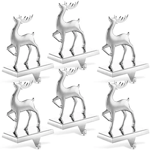 Reindeer Deer Christmas Stocking Holders Stand Silver Heavy Metal 6 Hangers S...