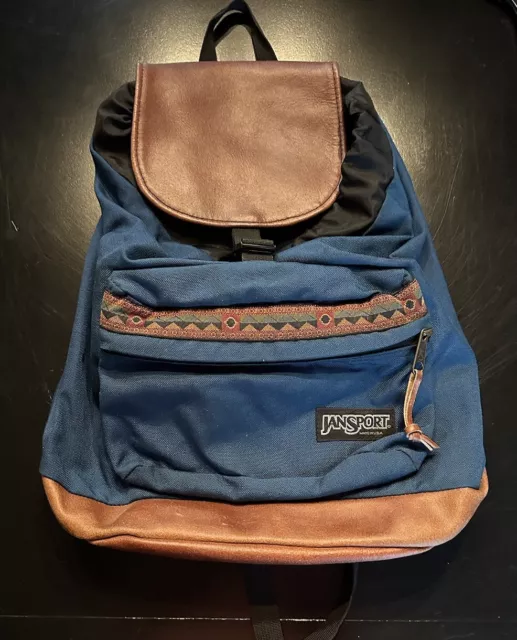 Vintage 90s Jansport Aztec Southwest Backpack Brown Leather Made In USA Book Bag