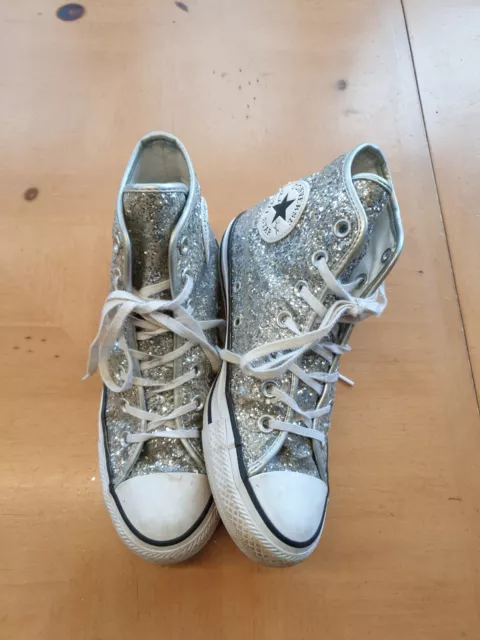 Converse All Star Women's Girl's Chuck Taylor Silver Glitter Hi Trainers Size 5