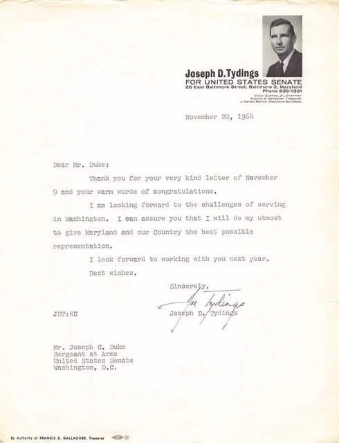 Joseph Tydings Maryland Senator Autograph Signed Campaign Letter 1964