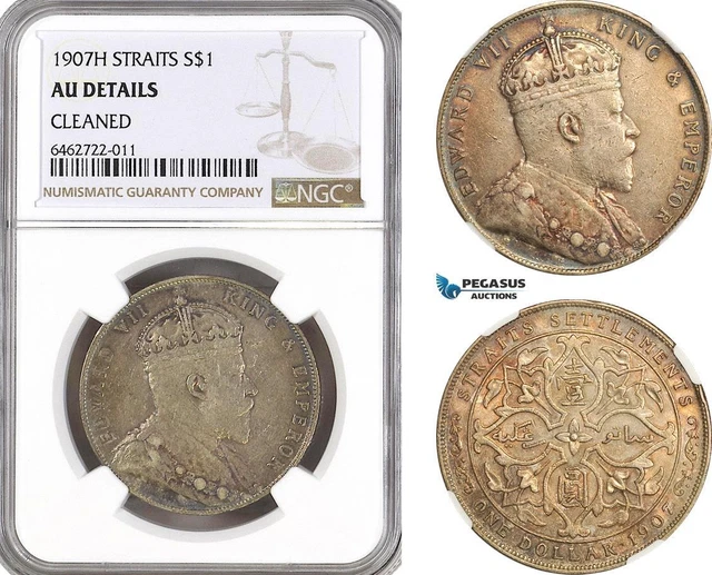 AH144, Straits Settlements, Edward VII, 1 Dollar 1907 H, Heaton Mint, NGC AU Det AH144, Straits Settlements, Edward VII, 1 Dollar 1907 H, Heaton Mint, NGC AU Det
