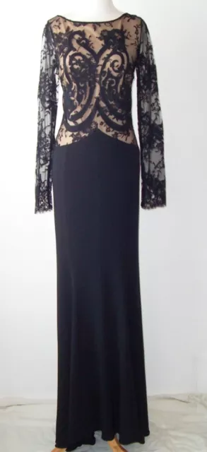 ZUHAIR MURAD Black Lace Embroidered Sheer Sleeve Dress Gown 44 8 2