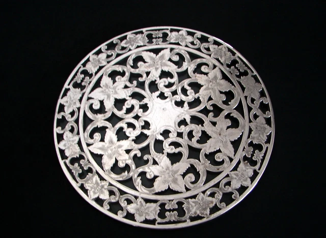 Vintage Webster Sterling Silver and Glass Round Trivet Hot Plate Floral decor 6"