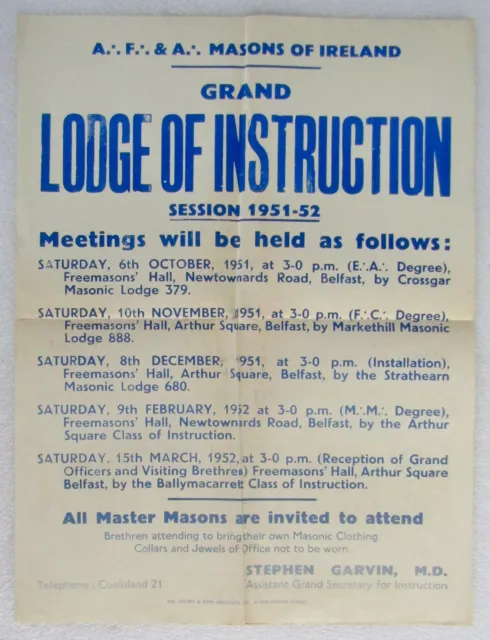 1951/52 A.F.& A. MASONS OF IRELAND - Grand Lodge of Instructions Masonic Poster