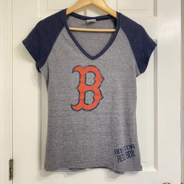 MLB Boston Red Sox Tee Shirt Vintage Look Gray Red B Short Blue Raglan Sleeve S