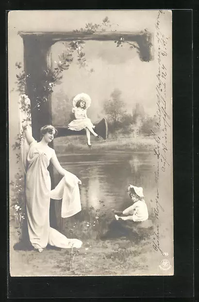 Ansichtskarte Buchtabe E, junge Frau und Kinder an einem Sommertag am See