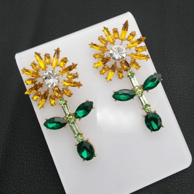 Betsey Johnson Yellow Green Crystal Sunflower Leaf Stud Earrings