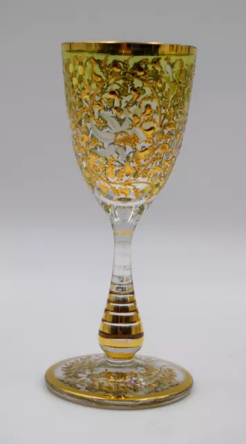 Moser Hand Blown Wine Glass, Gilded Gold w/Enamel Flowers, Circa 1900