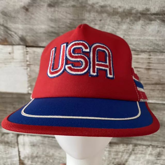 Vtg 3 Three Stripe Patriotic Red White Blue Usa Trucker Mesh Snapback Hat ￼