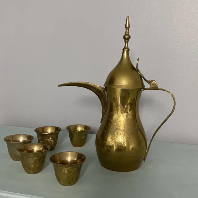 Vintage Ornate Etched Solid Brass Teapot With 5 Teacups Made in India