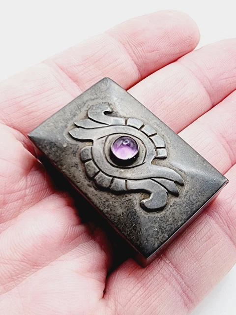 EARLY Vintage MEXICO SILVER sterling & Amethyst HINGED pill OR trinket BOX