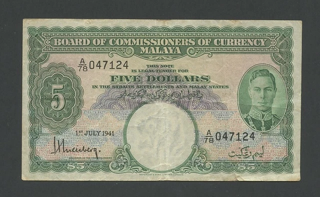 MALAYA  $5 note 1941  KGVI  WWII  Krause 12  about Very Fine  Banknotes