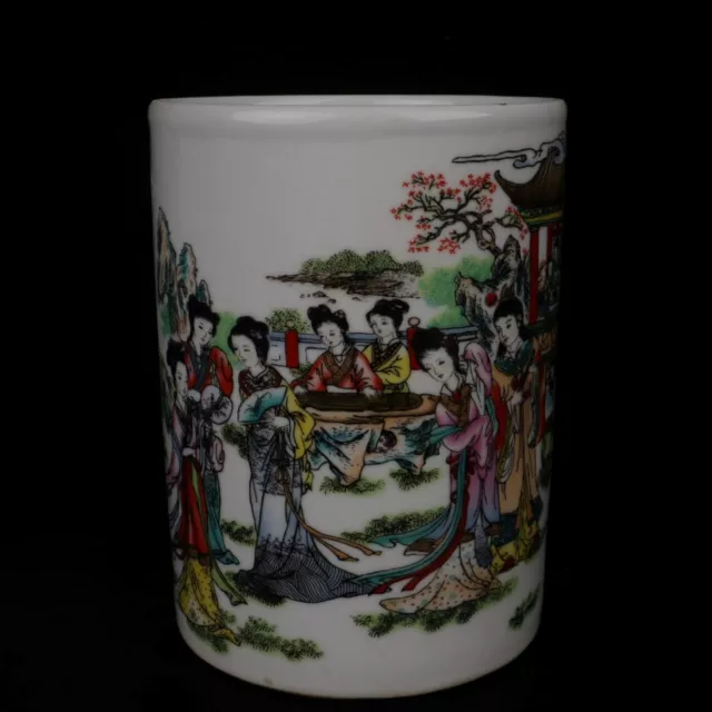 5.2" Chinese famille rose Porcelain Twelve Ancient Beautiful Woman Brush Pot