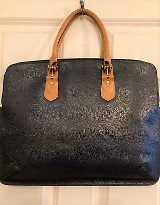 Vtg Suarez NY Leather Bag Briefcase Blue Top Grain Zip Top 18 x12" Made in Italy