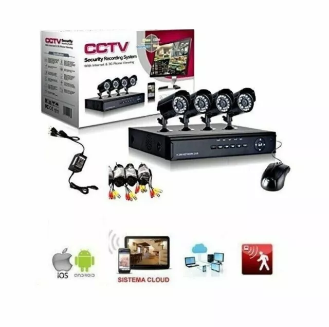 Kit Videosorveglianza Cctv 4 Canali Telecamera Infrarossi Dvr Esterno Interno