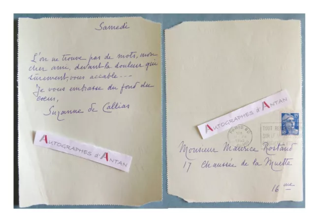 ♦ Suzanne de CALLIAS romancière billet autographe 1953 au poète Maurice ROSTAND