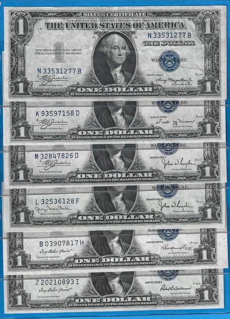 1935 A/B/C/D/E/F $1 Silver Certificates,6) Notes,Blue Seal,Circ VF-Crisp XF,Nice