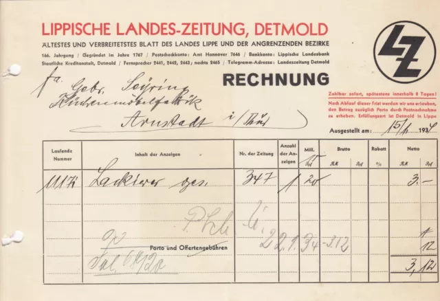 DETMOLD, Rechnung 1934, Lippische Landes-Zeitung