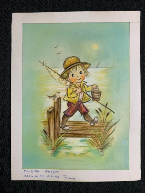 CUTE BOY with Bird on Dock Fishing 6x8" Greeting Card Art #29