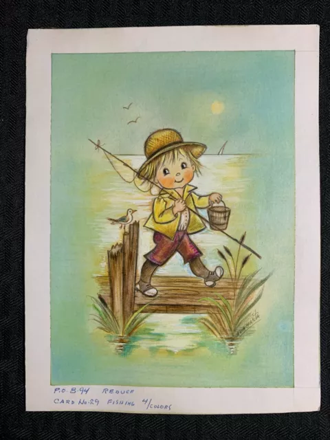 CUTE BOY with Bird on Dock Fishing 6x8" Greeting Card Art #29