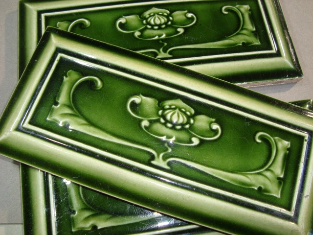 Set of 3 Relief Molded Green Original period antique tiles Art Nouveau Majolica