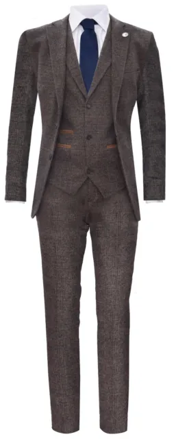 Mens Brown 3 Piece Tweed Suit Herringbone Wool Vintage Retro Peaky Blinders