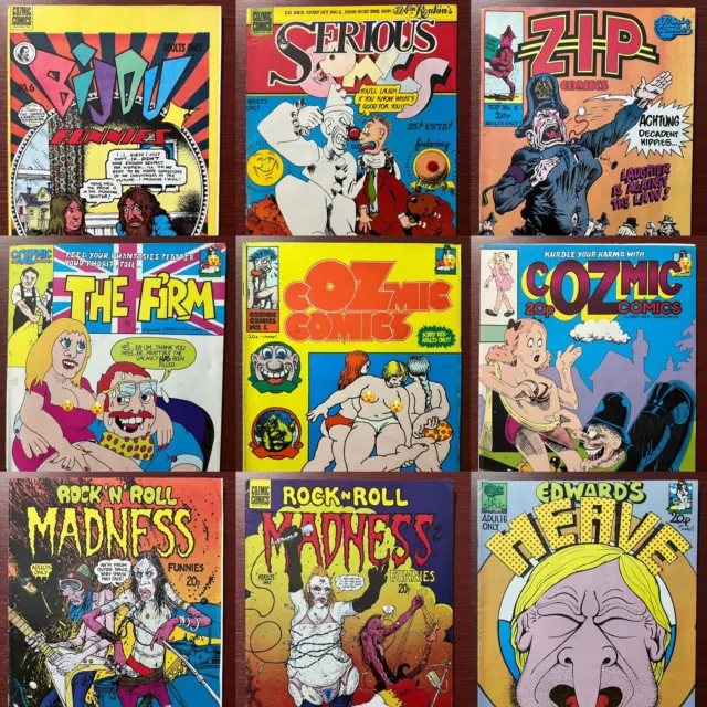 LOT of 9 cOZmic Comics UK UG Comix Rock N Roll Serious Bijou R. Crumb Corben 👀