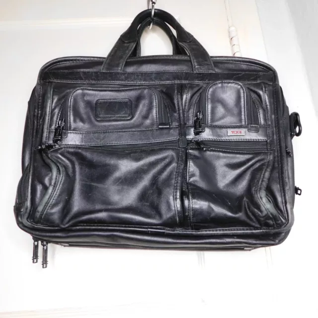 TUMI ALPHA BLACK LEATHER EXPENDABLE BRIEFCASE LAPTOP BAG Organizer T Pass