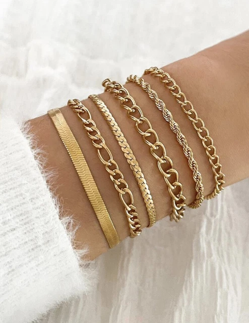 Lot De 6 Bracelets Femme Or Doré - Acier Jonc Chaîne - Bijoux De Mode Jaune - Neuf Sans Boîte
