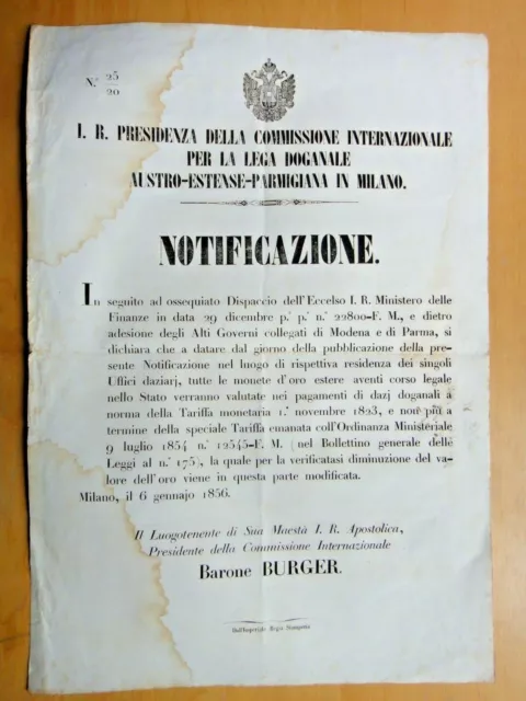 1856-NOTIFICAZIONE-Cambio valore MONETE D'ORO-Milano-Parma-Modena