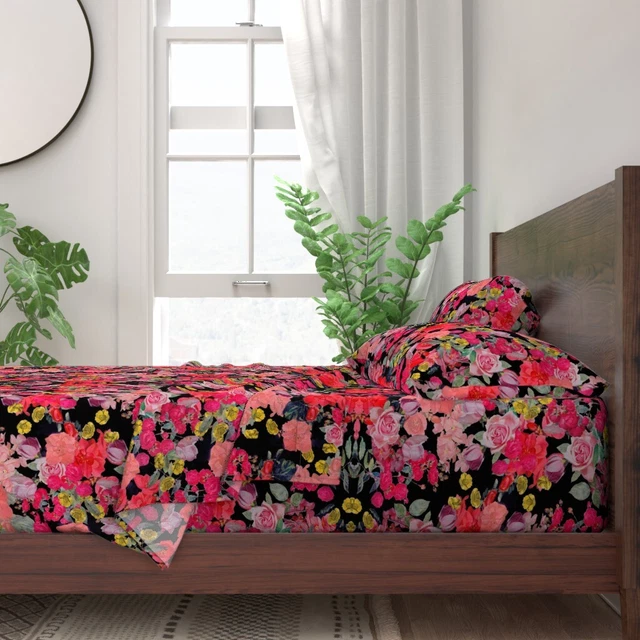 Antique Floral Flowers Dark Rose 100% Cotton Sateen Sheet Set by Spoonflower