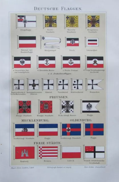 DEUTSCHE FLAGGEN 1894 original Farbdruck antik Lithografie print Vexillologie