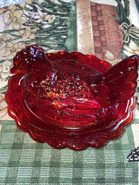 Red Carnival Glass Hen On Nest With Split Tail On Wide Rim By  Mosser Usa 6.5"