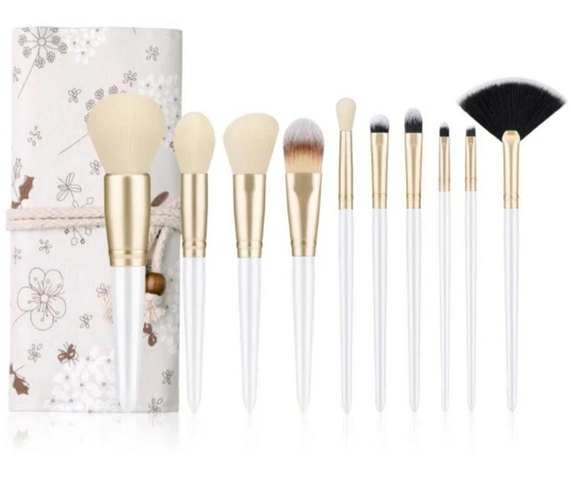 Profi Make-up Pinsel Set-Perle weiß/silber/Holzfaser 10 Stück mit Tasche