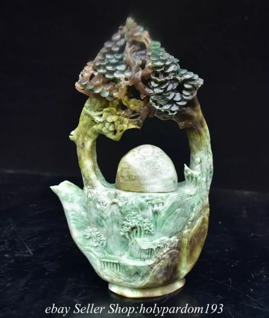 8" Chinese Natural Dushan Jade Carved Mountain Tree House Portable Teapot Kettle