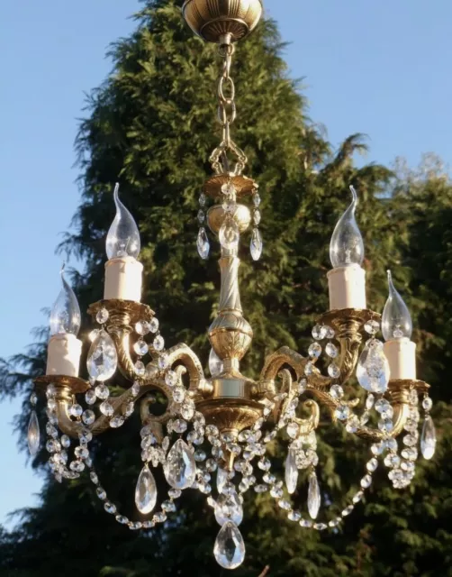 Lovely, French style vintage gilt brass chandelier 5 arms crystal drops REWIRED
